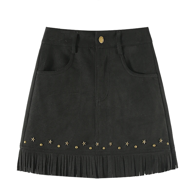 Women Aesthetic Mini Suede Skirt Tassels High Waist Coquette Chic