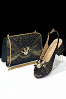 Luxurious Italian Women's Party Shoe and Bag Set – Elegant Black Rhinestone Peep-Toe High Heels Sandals