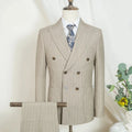 Beige pinstripe suit on a mannequin with a white background, Obroi