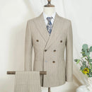 Beige pinstripe suit on a mannequin with a white background, Obroi
