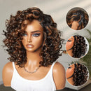 Mannequin head with a curly wig, surrounded by close-up insets of the hair, Obroi