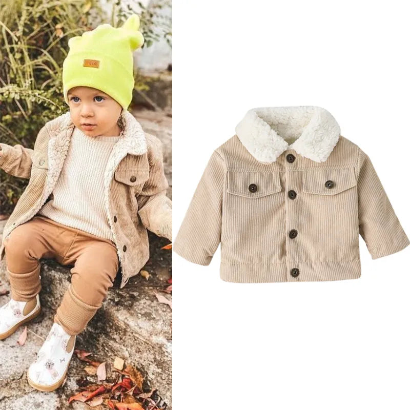 Toddler Boys Girls Autumn Winter Coat Beige Long Sleeve Lapel Button Down Plush Jacket Outerwear Baby Clothes