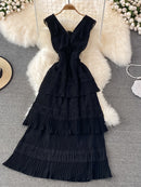 Women Elegant Long Dress Summer Ruffle Pleated Beach Dresses Ladies Slim Layer Dress