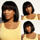 Woman with a short black bob haircut wearing a yellow tank top, shown from different angles, Obroi