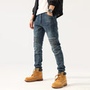 Retro Patchwork Motorcycle Jeans Men's Autumn Slim Straight Elastic Casual Long Pants Cotton Elastic Denim