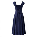 Women Square Neck Short Sleeve Midi Slim Elegant Dress Red Lace Up Evening Party Dresses