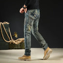Jeans for Men Motorcycle Slim Fit Trousers Straight Retro Casual
