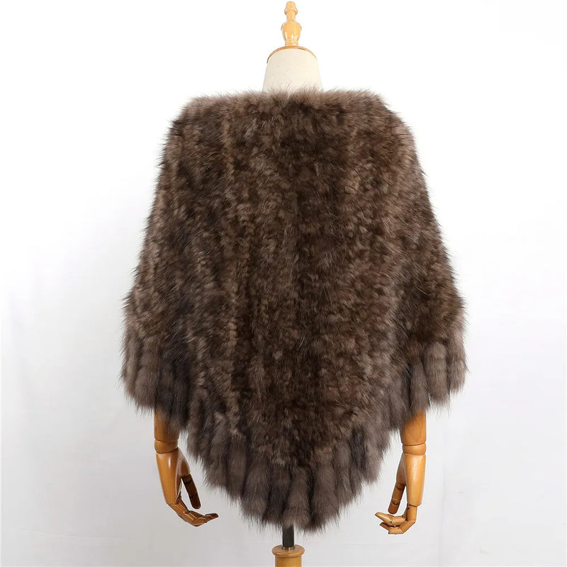 Elegant Women's Winter Warm Genuine Sable Fur Cape Shawl Lady Mink Fur Poncho Tassels Wraps Jacket Extremely Soft