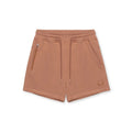 A pair of dusty rose drawstring shorts with a zippered pocket on the left side and a small embroidered logo on the lower right leg, shown against a plain white background, Obroi
