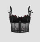 Lace Floral Embroidery Bow Corset For Women Camisole Sheer Mesh Slim Crop Top Wired Bra