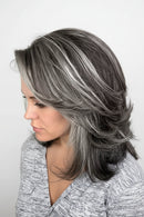 Gray and black ombre wig on a mannequin head and a person, Obroi