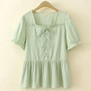 Women Blouses Summer Short Sleeve Cotton Jacquard Lace-Up Tops Loose Tees Oversized Curve Clothes