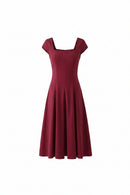 Women Square Neck Short Sleeve Midi Slim Elegant Dress Red Lace Up Evening Party Dresses
