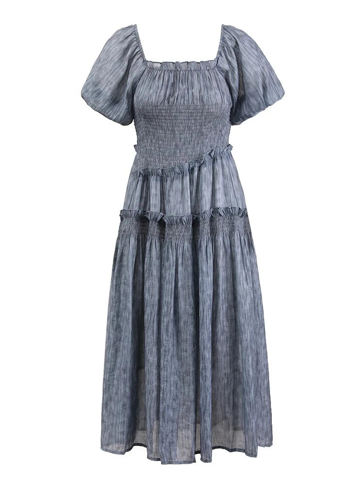 Women's Ruffles Splicing Dress Short Sleeves Square Neck Pleated Loose Dresses Female Summer