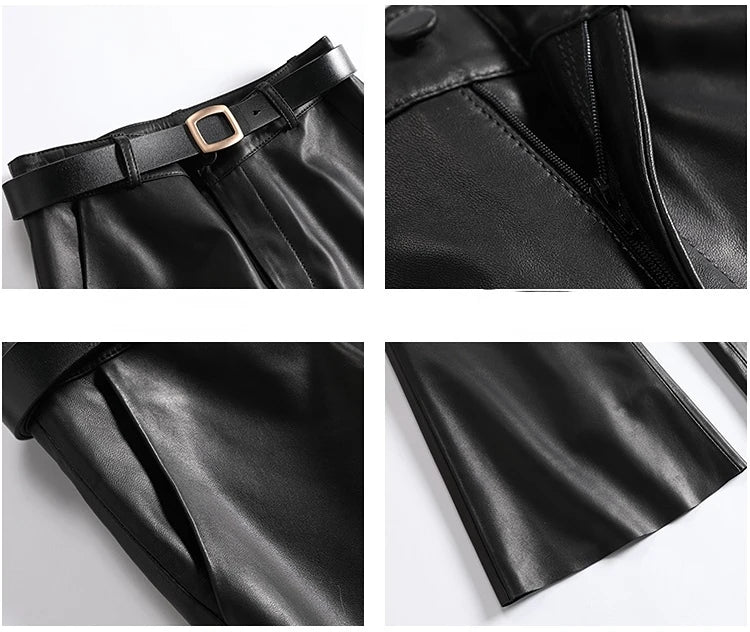 Leather Pants for Women High Waist Flared Pants Style Trousers Belt Black Pants Streetwear