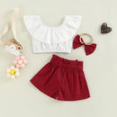 Baby Girls Outfits Sets Summer Fashion Solid Boat Neck Flounced Tops Shorts Headband
