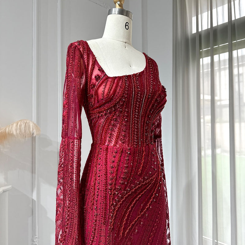 Elegant Burgundy Mermaid Evening Dresses with Long Sleeve Luxury Dubai Crystal Women Wedding Formal Party Gown
