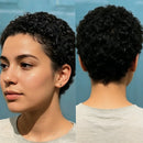 Side-by-side comparison of a woman with short curly hair against a blue background, Obroi