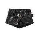 Black leather shorts with belt and buckles on a white background, Obroi