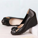 Women Genuine Leather Shoes Wedges Comfortable Shoes Bow Black Shoes Elegant Ladies