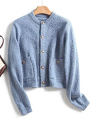 Knitted Solid Autumn Winter Cardigan Women's Buttoned Decorate Pockets Short Sweater