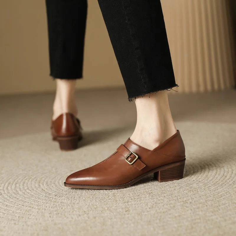 Buckle Genuine Leather Single Shoes Woman Retro Pointed Toe Dress Shoes Ladies Thick Med Heels Pumps