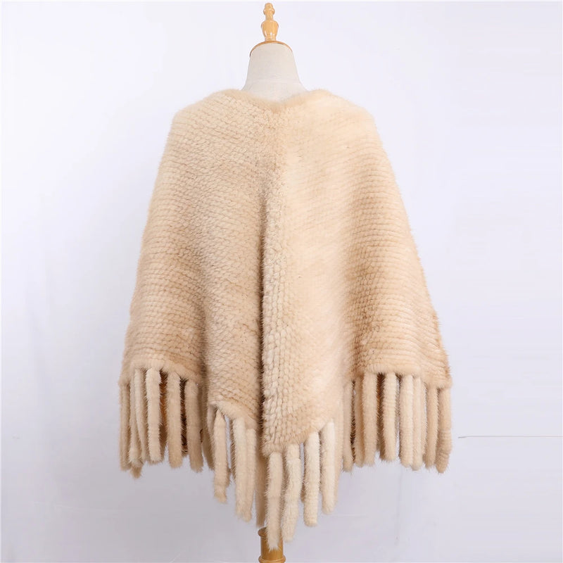 Women's Luxury Winter Genuine Mink Fur Knitted Cape Pullover Poncho Lady Warm Shawl Tassels Wraps