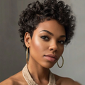 Woman with short, curly hair wearing large hoop earrings against a neutral background, Obroi