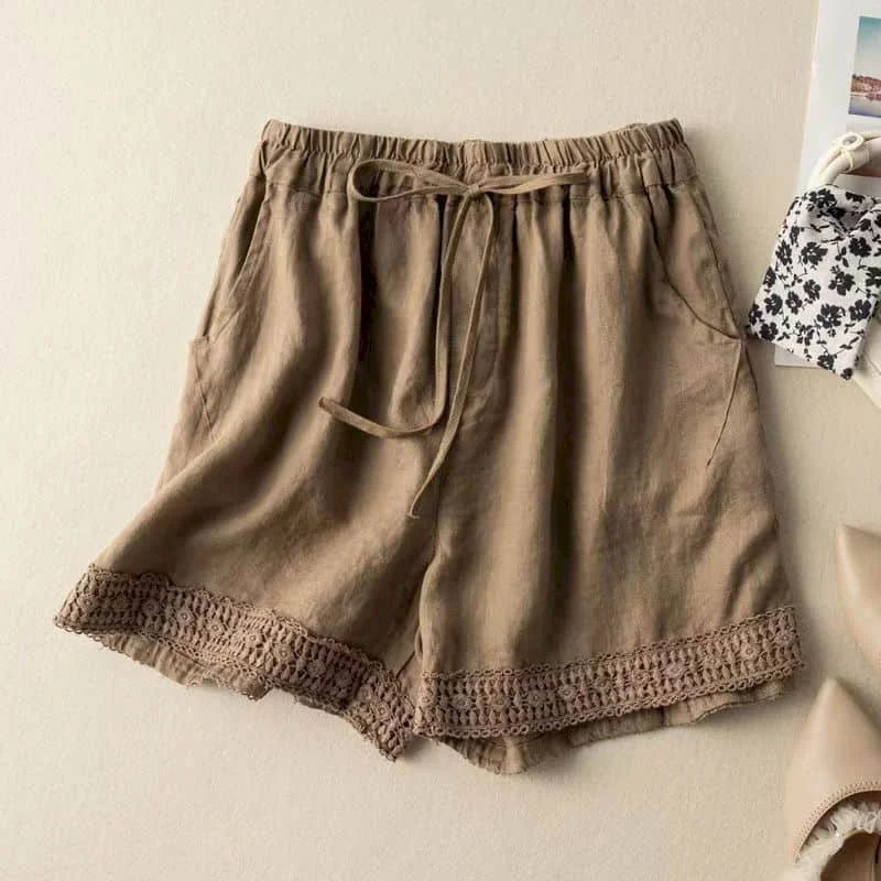 Linen Shorts Women Hollow Out Crochet Elastic Waist Shorts Women Clothing