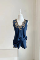 Women Silk Embroidered Satin Set sleeveless tops high waist elastic waist shorts