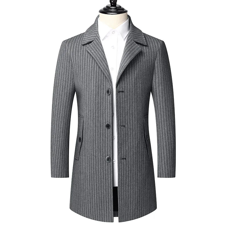 Men's Winter Suit Collar Mid-length Tweed Coat Business Casual Striped Tweed Coat