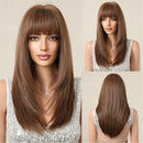 Chestnut Brown Synthetic Wig with Bangs Long Straight Wig Natural Layered Hair Smooth Soft Daily Wig Heat Resistant