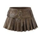 Retro belt buckle pleated skirt low waist leather short skirt
