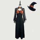 Black dress with orange bow and black witch hat on a mannequin against a white background obroi
