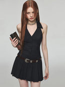 Summer Women Mini Halter Party Pleated Dress Backless Black Striped V Neck Frocks Sexy Streetwear Prom