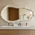Bathroom vanity with a unique mirror and toiletries, Obroi