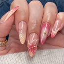 24Pcs Orange Smudge French False Nails Art Flower Rhinestone Press on Nails Long Stiletto Reusable