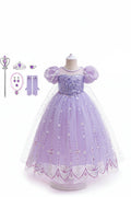 A children's purple princess dress costume displayed on a mannequin, with matching accessories shown to the left and the text '8PCS' on the right. The set includes a sparkly lavender gown with puffed sleeves, a sheer veil, tiara, gloves, and a wand on a white background, Obroi