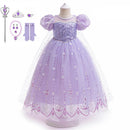 A children's purple princess dress costume displayed on a mannequin, with matching accessories shown to the left and the text '8PCS' on the right. The set includes a sparkly lavender gown with puffed sleeves, a sheer veil, tiara, gloves, and a wand on a white background, Obroi