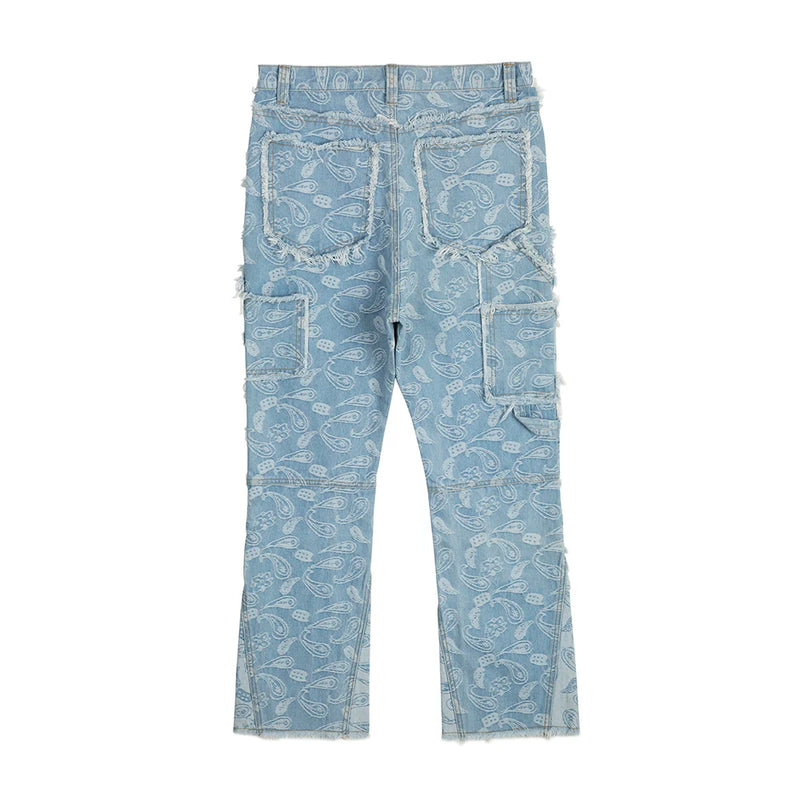Frayed Urban Flower Full Patchwork Baggy Flare Jeans for Men Straight Oversize Denim Trousers