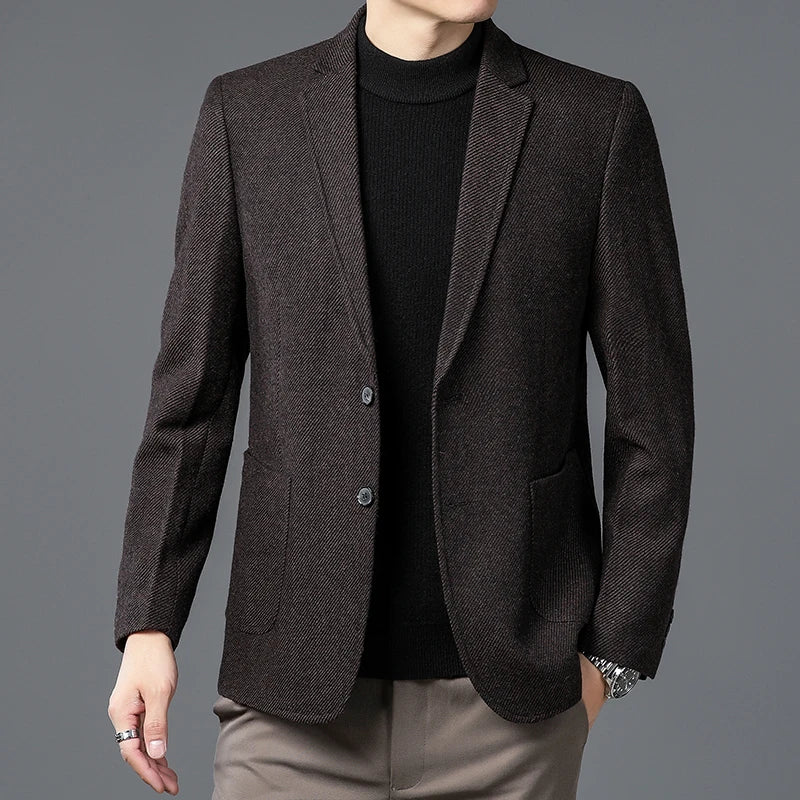 Men Elegant Tweed Blazer Coffee Red Gray Tailored Outfits Sheep Woolen Blended Outfits