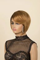 A woman's short bob wig with side-swept bangs in a warm golden-blonde shade, displayed on a mannequin head against a solid beige background, Obroi