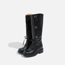 Black leather knee-high boots with laces on a white background, Obroi