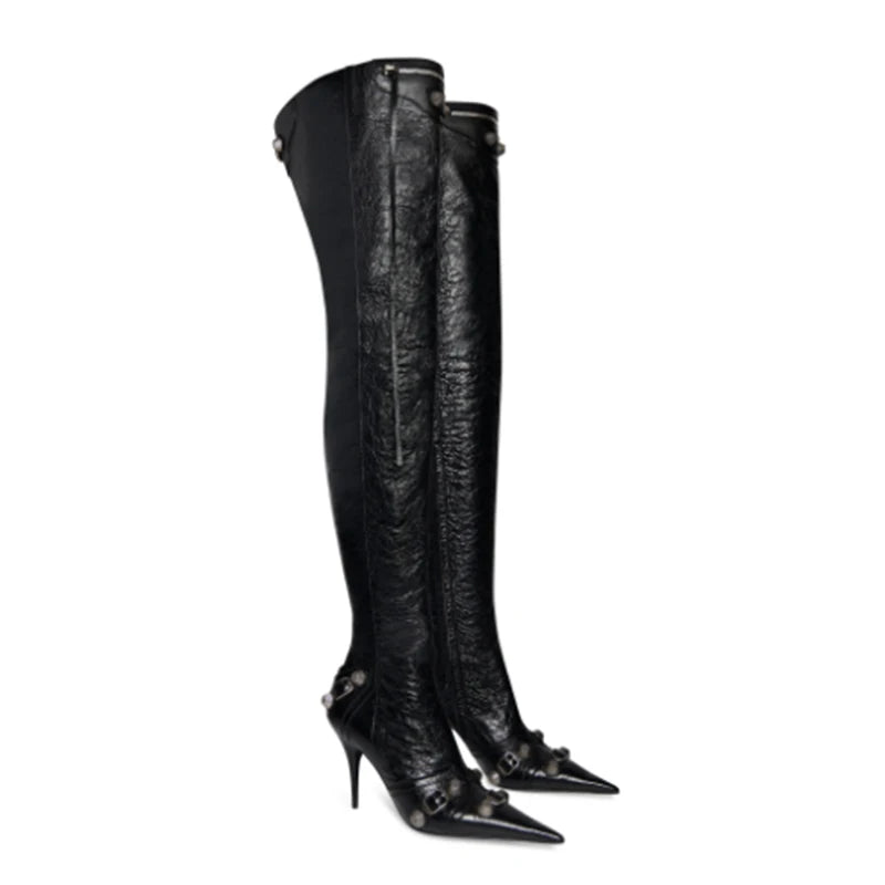 Spring Tassel Over The Knee Boots Pointed Toe Stilettos Heels Side zipper Belt buckle Rivet Modern boots