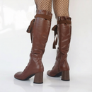 Brown Chunky Heels Lace-Up Knee Splicing Women's Boots Hollow Retro Casual Shoes
