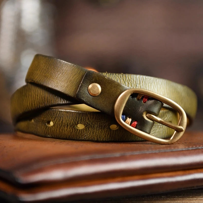 Retro Narrow Genuine Leather Women Belt Pure Copper Button Western Jeans Belt Women Belt