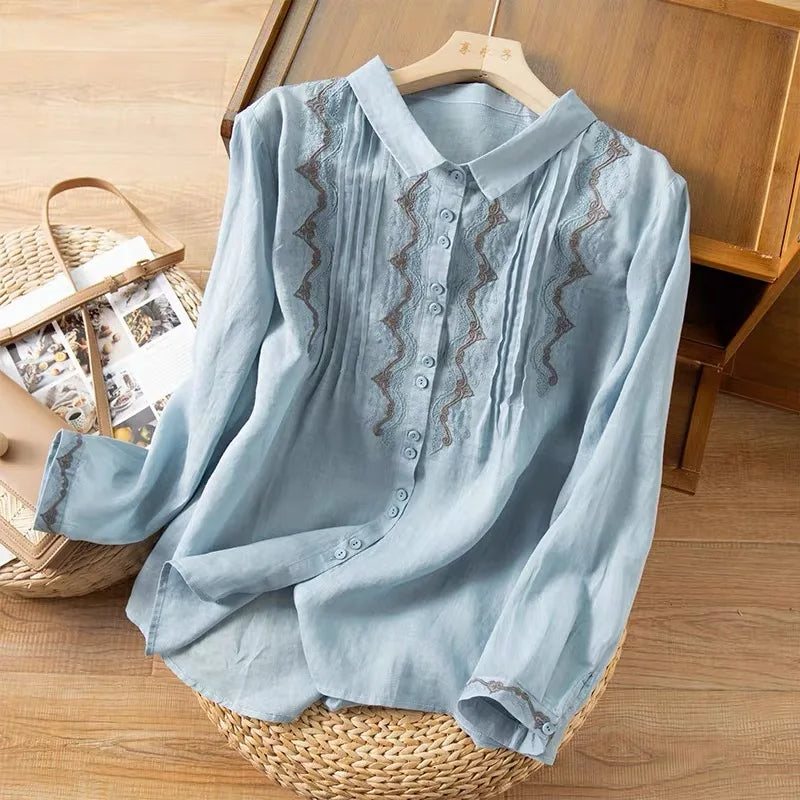 Linen Shirt for Women Summer Embroidery Blouses Top Turn-down Collar