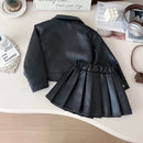 Girls Autumn Clothing Leather Jacket Suit Children Motorcycle Set Short Coat Pleated Skirt