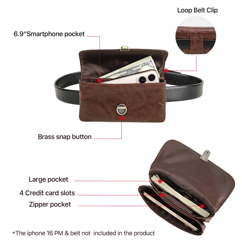 Genuine Leather Waist Phone Bag for Men Full Grain Leather Waist Pack 6.9" Phone Pouch for iPhone 16 Pro Max