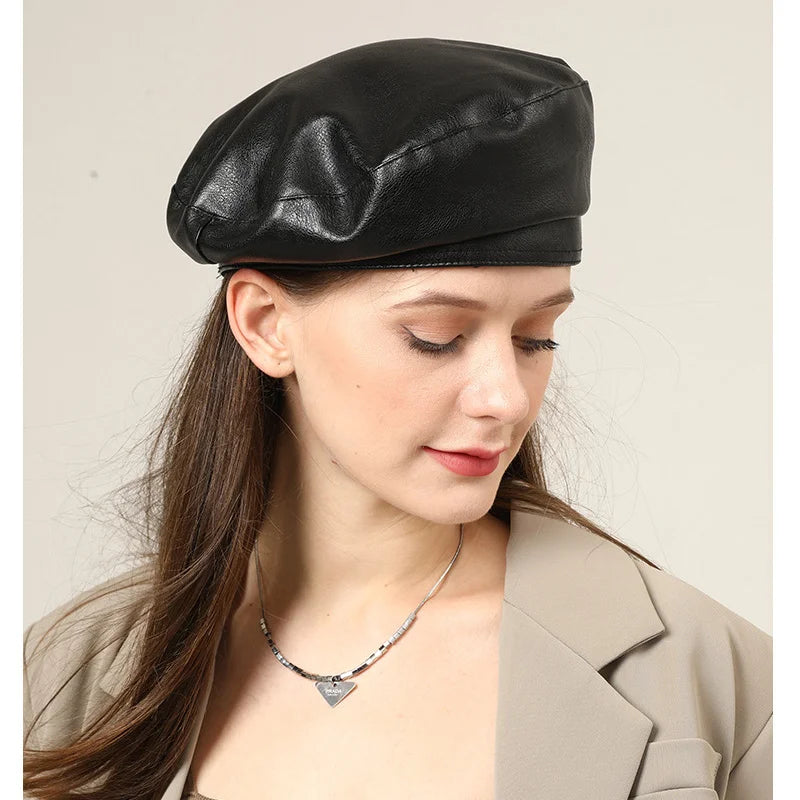 Girl Leather Beret Beanie Hat Cap Women Plain Beret Hats Solid Color Elegant Lady Artist Caps Belt Beanies